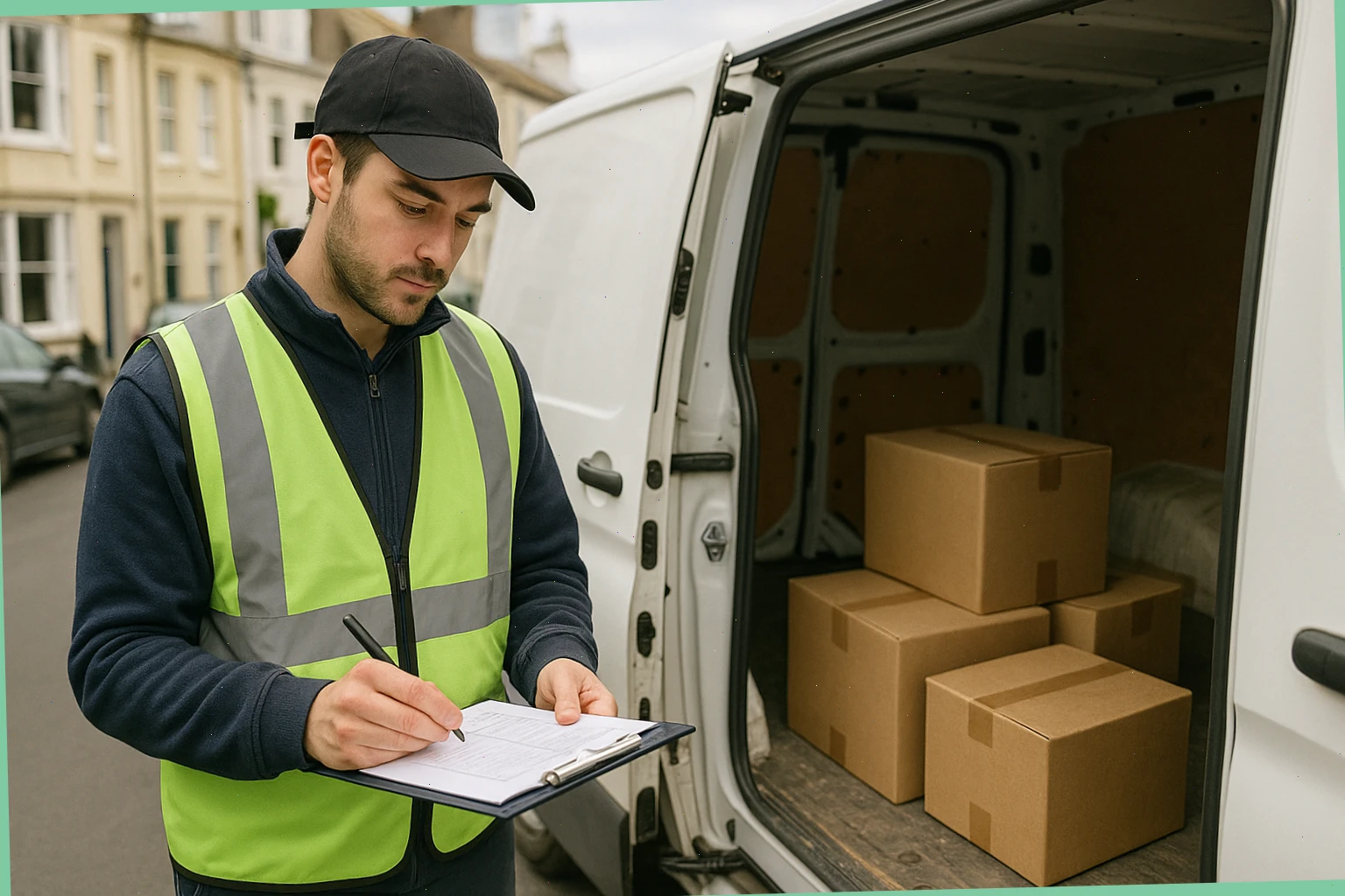 Courier Joel reviewing the route sheet before loading