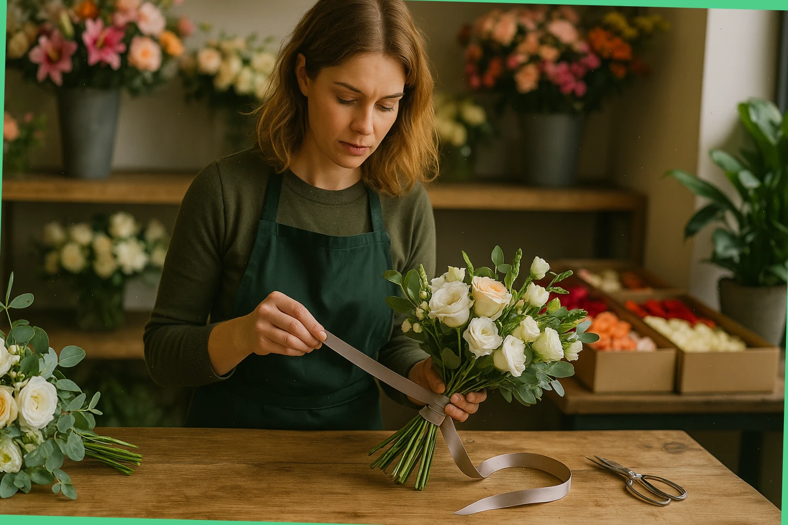 Florist Amy checking stems and ribbon at the packing bench