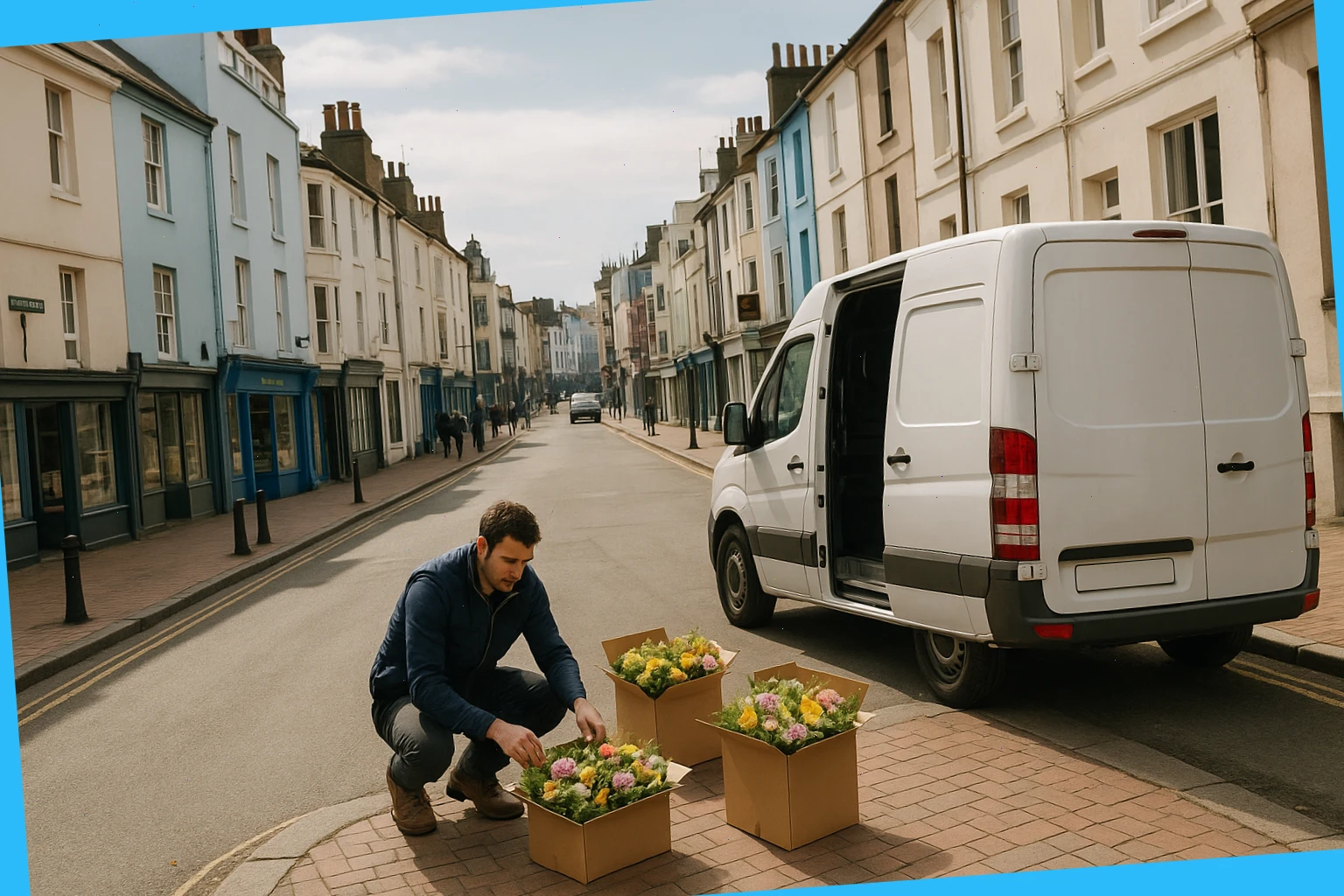 Wide street view in Brighton with a courier preparing flower boxes